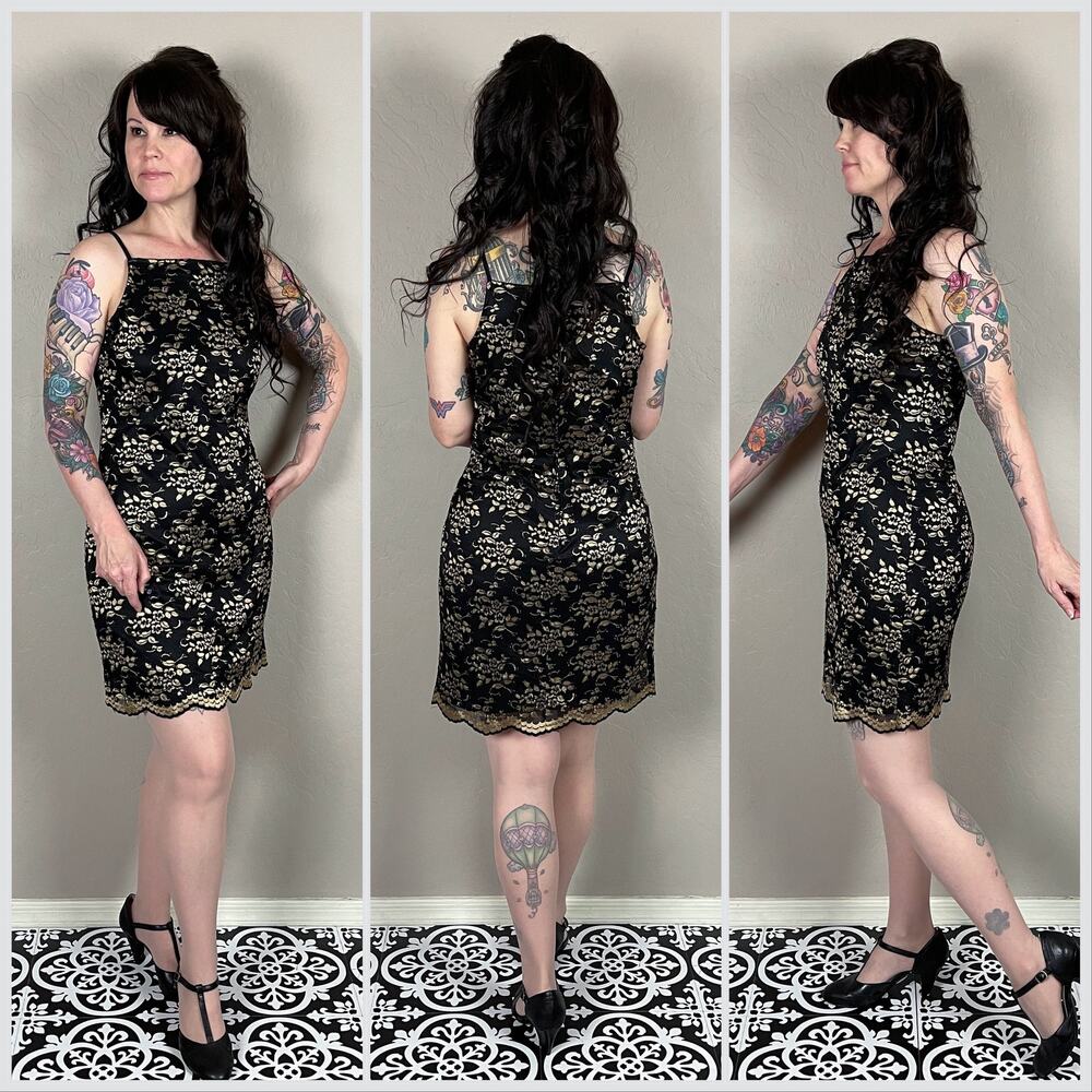 Vintage 1990s Black and Gold Lace Sheath Minidress - Picture 3 of 8